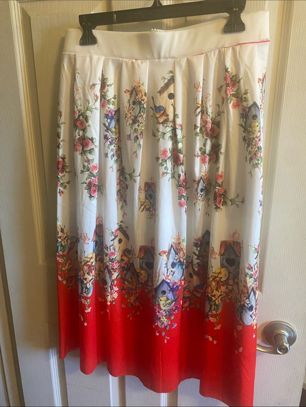 White and Red Floral Birdhouse Midi Skirt